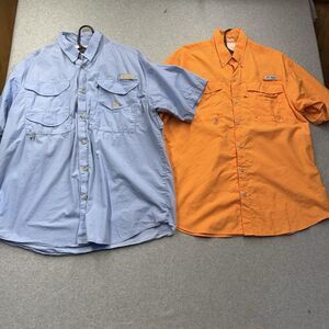 Columbia Men's Blue & Orange Fishing Shirts Short Sleeve Pockets Vented Back L